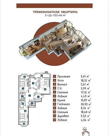 Батирлер: 3 бөлмө, 133 м², Элитка, 13 кабат, Даяр ПСО (өзү оңдоп түзөтүп бүтүү үчүн) — 3