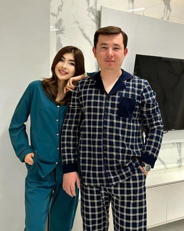 белая ночная сорочка: Пижама, Хлопок, В клетку, XS, S, M — 1