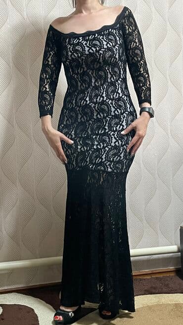 черное нарядное платье: Черное кружевное длинное вечернее платье с коротким подкладом . Очень — 1