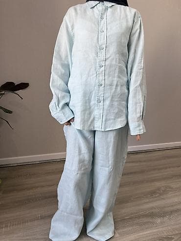 Льняной женский костюм из рубашки и широких брюк. - Материал: 100%