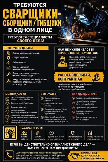 бар менеджер вакансии: Требуется Сварщик на производство, Оплата: Сдельная — 1
