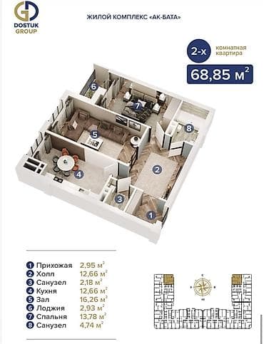 city properties: 2 комнаты, 68 м² — 3