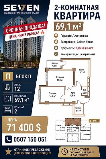 Батирлер: 2 бөлмө, 69 м², Алматинка / Чүй көч. Элитка, 12 кабат, ПСО (өз алдынча бүтүрүү) — 1