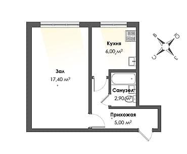 адмираль: 1 комната, 32 м², 104 серия, 1 этаж — 5