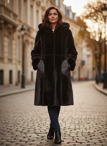 Дубленка, Классическая модель, По колено, С капюшоном, 3XL