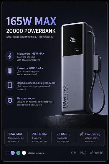 ⚡ Повербанк 165W MAX — 20000mAh 🔋 Ёмкость: 20000 мАч ⚡ Мощность