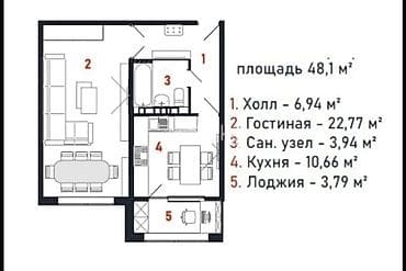 48: 1 комната, 48 м², 7 этаж, Готовая ПСО (под самоотделку) — 2