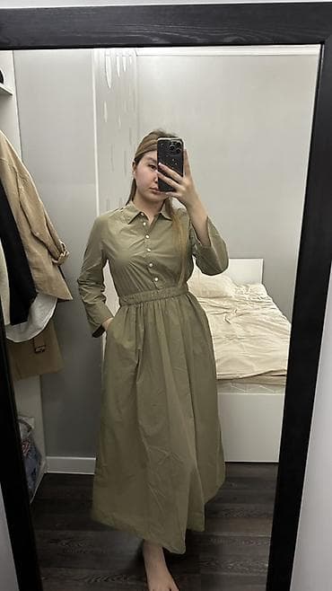 slim patch: Платье-рубашка Zara original длина миди цвета хаки. - Фасон — 3