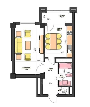 Недвижимость: 1 комната, 48 м², Пишпек Элитка, 12 этаж, ПСО (под самоотделку) — 2