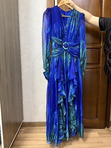 magic glip: Платье макси с длинным рукавом, эффектный синий оттенок с бирюзовыми — 3