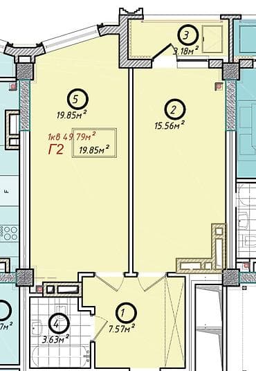 Недвижимость: 1 комната, 50 м², Элитка, 6 этаж, Готовая ПСО (под самоотделку) — 5