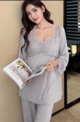 стильные пижамы: Женские пижамные комплекты с кружевом - Двухпредметный набор: кофта с — 7