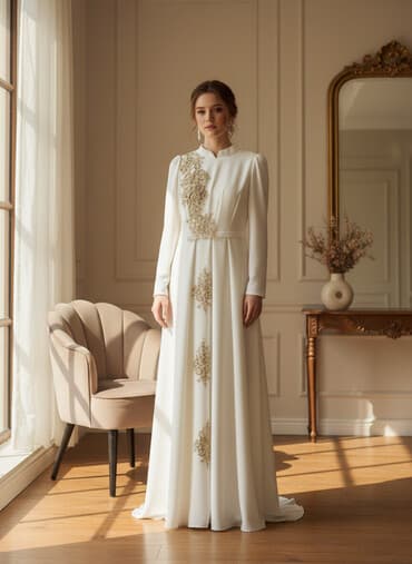 фасоны платьев для полных девушек: Элегантное длинное платье цвета айвори с декором - Фасон: макси — 2