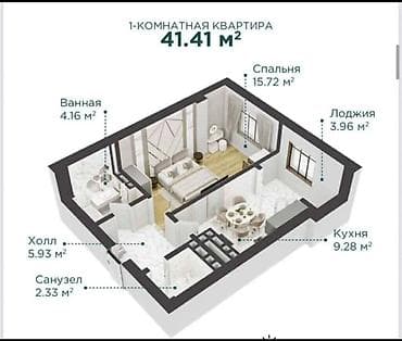 Квартиры: 1 комната, 41 м², Элитка, 6 этаж, Готовая ПСО (под самоотделку) — 3
