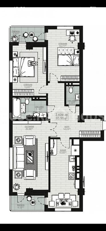 арт сити: 3 комнаты, 95 м², Асанбай мкр Элитка, 2 этаж, ПСО (под самоотделку) — 7