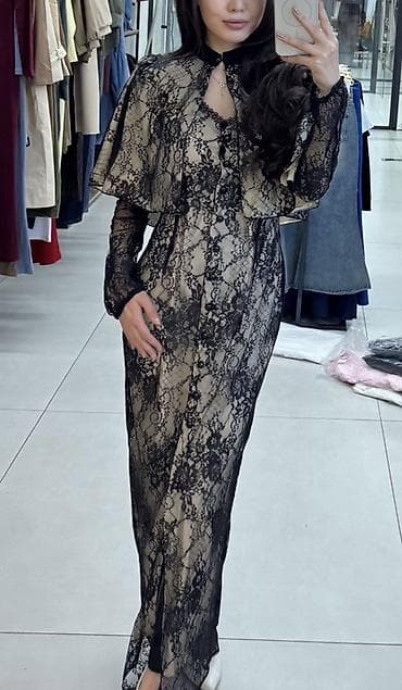 норковая накидка: Длинное кружевное платье с накидкой-капой - Силуэт: приталенный — 1