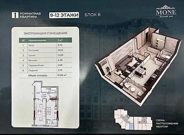 Недвижимость: 1 комната, 52 м², Джал мкр (в т.ч. Верхний, Нижний, Средний) Элитка, 10 этаж, ПСО (под самоотделку) — 4