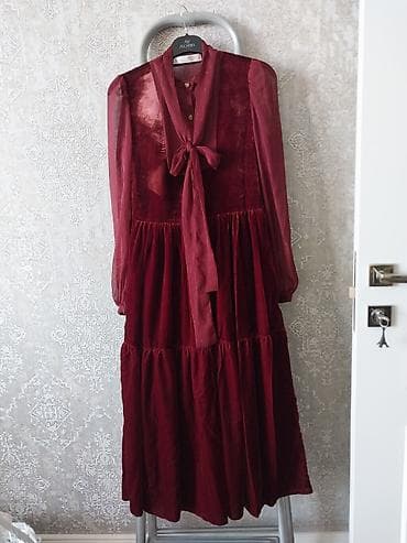 бордовая: Вечернее платье, А-силуэт, Длинная модель, Шифон, С рукавами, S — 1