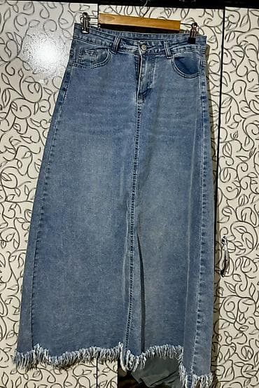 длинные юбки: Юбка, Модель юбки: Трапеция, Макси, Джинс, Высокая талия — 1