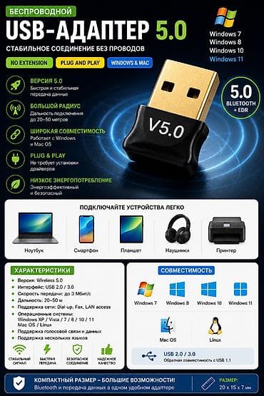 Bluetooth USB Adapter 5.0 🔥 Компактный беспроводной USB-адаптер для at lalafo.kg Bluetooth USB Adapter 5.0 🔥 Компактный беспроводной USB-адаптер для