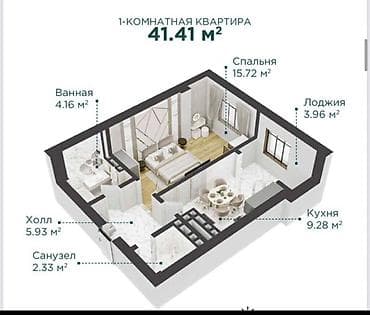 Продажа квартир: 1 комната, 41 м², Элитка, 6 этаж — 3