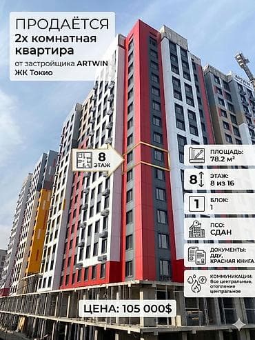 токио жк: 2 комнаты, 78 м², Элитка, 8 этаж, Готовая ПСО (под самоотделку) — 1
