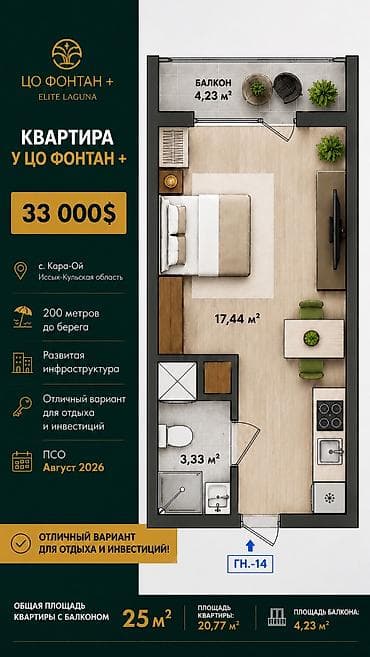 береговой: 1 комната, 25 м², Элитка, 1 этаж, ПСО (под самоотделку) — 5