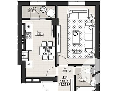 1 комната, 43 м², Асанбай мкр Элитка, 5 этаж, ПСО (под самоотделку) — 5