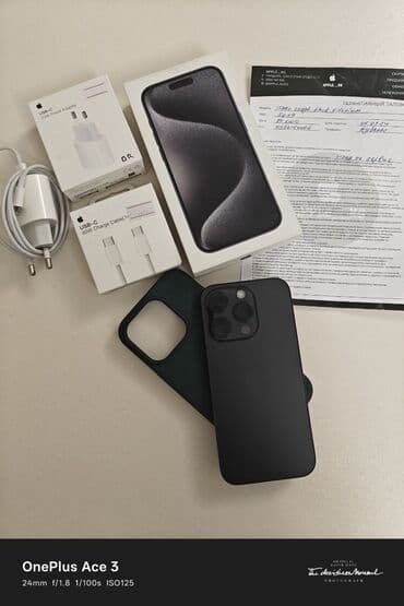 IPhone 15 Pro, Б/у, 256 ГБ, Black Titanium, Зарядное устройство, Защитное стекло, Чехол, 83 %
