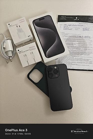 pro 5: IPhone 15 Pro, Б/у, 256 ГБ, Black Titanium, Зарядное устройство, Защитное стекло, Чехол, 83 % — 1