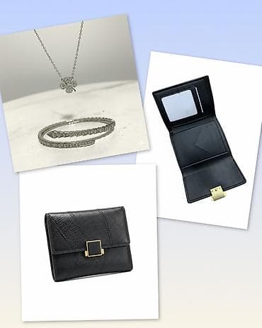 Ювелирные изделия: 3в1 акция! Элегантный набор аксессуаров: кожаный кошелёк и серебристые — 1