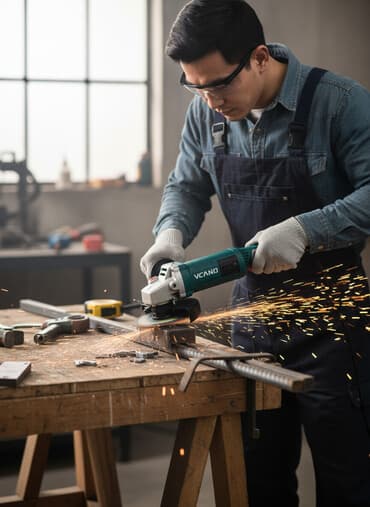 Строительный магазин "Хозмаг": Угловая шлифовальная машина VCANO, выполненная в зеленом корпусе с