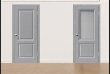 купейные двери: Комплект из двух межкомнатных дверей серого цвета. Одна дверь глухая — 1