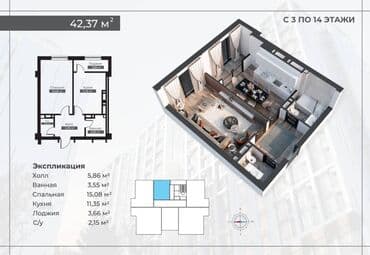 аренда стоматологический кабинет: 2 комнаты, 69 м², Элитка, 13 этаж, ПСО (под самоотделку) — 1