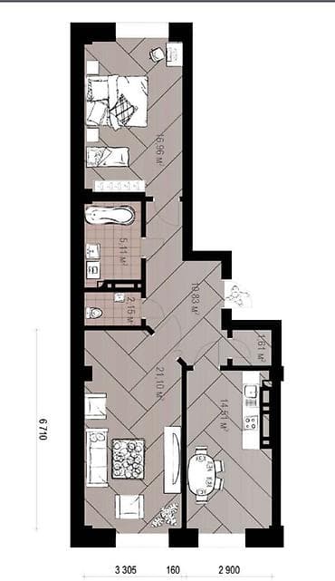 2 комнаты, 71 м², Асанбай мкр Элитка, 12 этаж, ПСО (под самоотделку) — 2