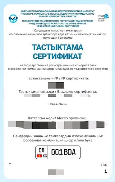 Сертификат на государственный регистрационный номер с особенной