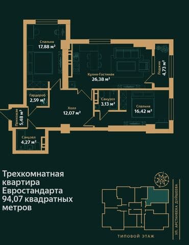 готовые квартиры в рассрочку в бишкеке 2023 год: 3 комнаты, 94 м², Элитка, 13 этаж, ПСО (под самоотделку) — 6