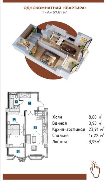 срочно продаётся 1 комнатная квартира в районе ошского рынка по улице кенсуйская: 1 комната, 57 м², Элитка, 13 этаж, ПСО (под самоотделку) — 5