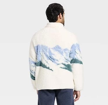 Головные уборы: Мужская утеплённая флисовая куртка-рубашка с рисунком «горный пейзаж» — 1