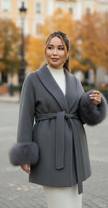 длинное трикотажное платье с капюшоном: Женское укороченное пальто серого цвета с меховыми манжетами Мех — 1