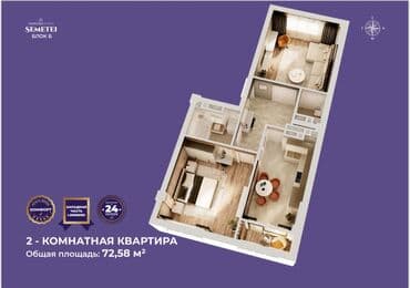 квартира бишкек 2 комнатная: 2 комнаты, 73 м², Элитка, 9 этаж, ПСО (под самоотделку) — 4