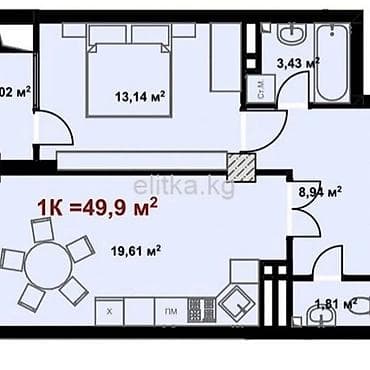 4: 1 комната, 50 м², Кок-Жар ж/м Элитка, 4 этаж, ПСО (под самоотделку) — 5