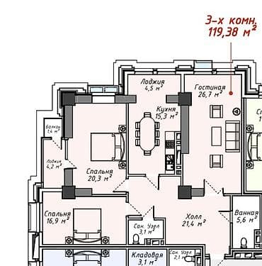 Недвижимость: 3 комнаты, 119 м², Элитка, Асанбай мкр Элитка, 7 этаж, ПСО (под самоотделку) — 4
