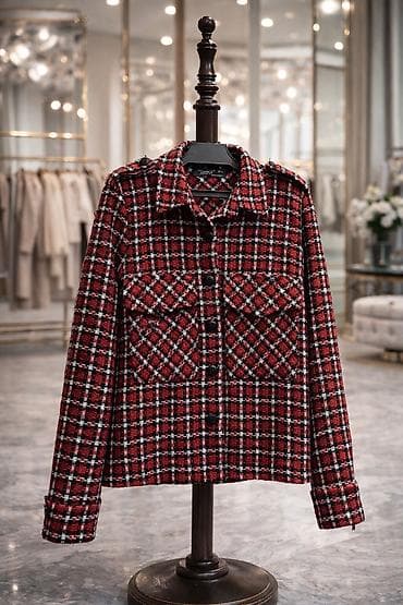 Женская твидовая куртка-рубашка в клетку. Размер М-L - Материал