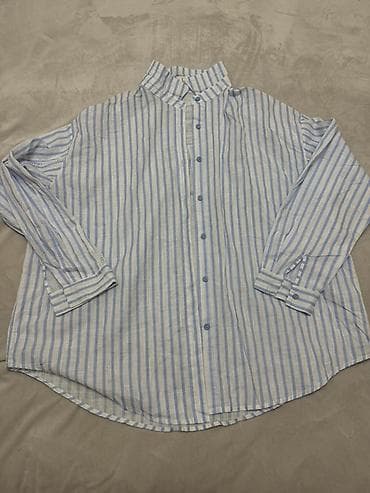 Рубашка в полоску с воротником-стойкой - Свободный крой с удлинённой