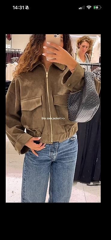 куртки с подогревом: Куртка-жакет Zara из мягкого материала под замшу, цвет хаки/оливковый — 1