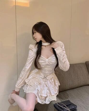 Женская обувь: Вечернее платье, А-силуэт, Короткая модель, Бархат, С рукавами, Открытая спина, S, M — 4