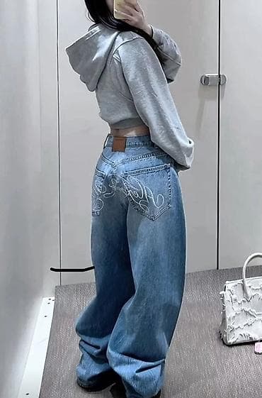 Джинсы, Бэгги, Корея, Средняя талия, Со стразами, 2XL