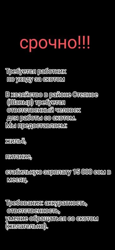Требуется Скотник, Оплата: Ежемесячно, Питание