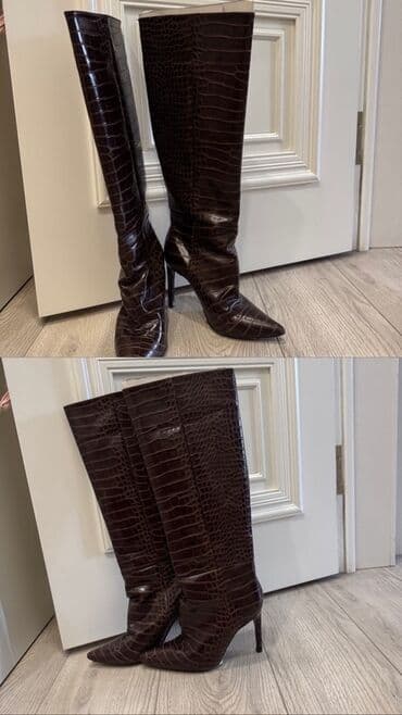обувь для охоты: 2) Темно-коричневые сапоги на шпильке - Материал: кожа под рептилию с — 1